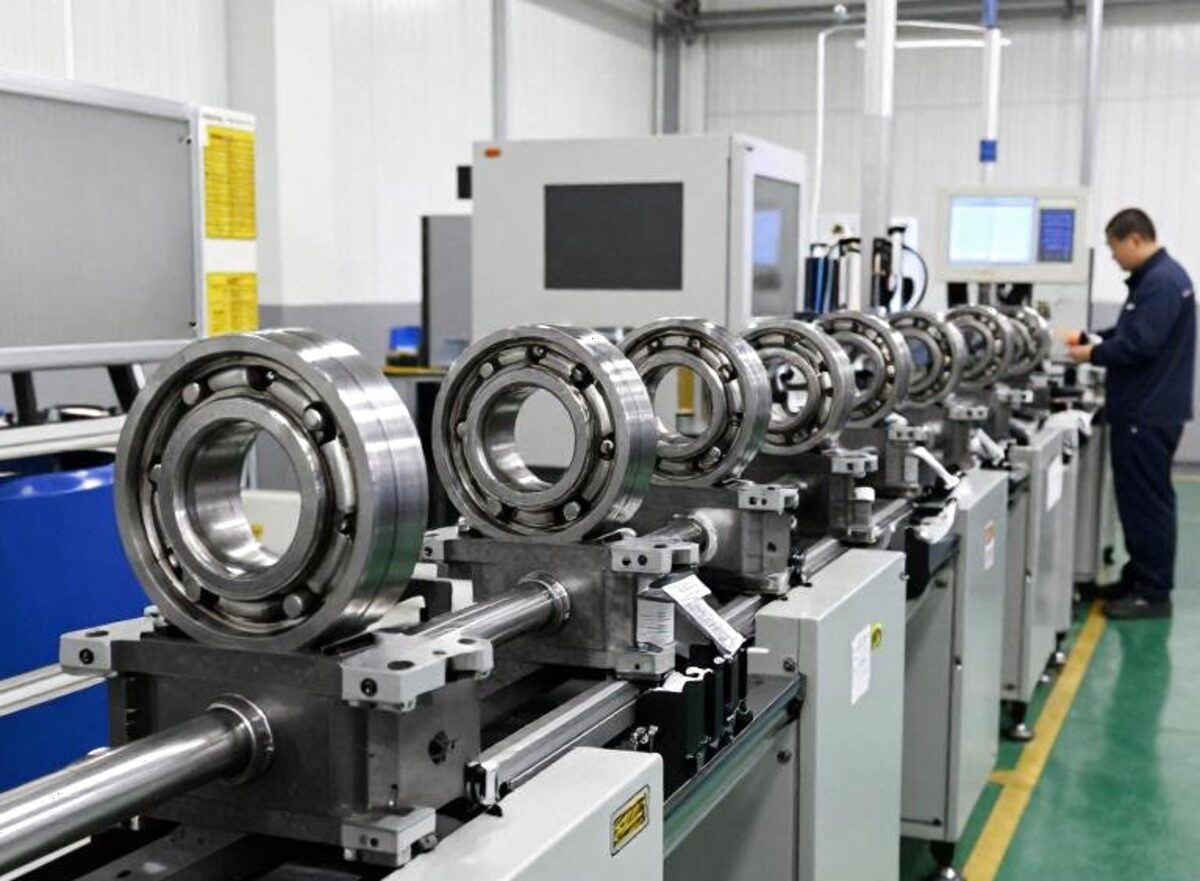 Deep groove ball bearings mounted on shafts on an industrial assembly and test line