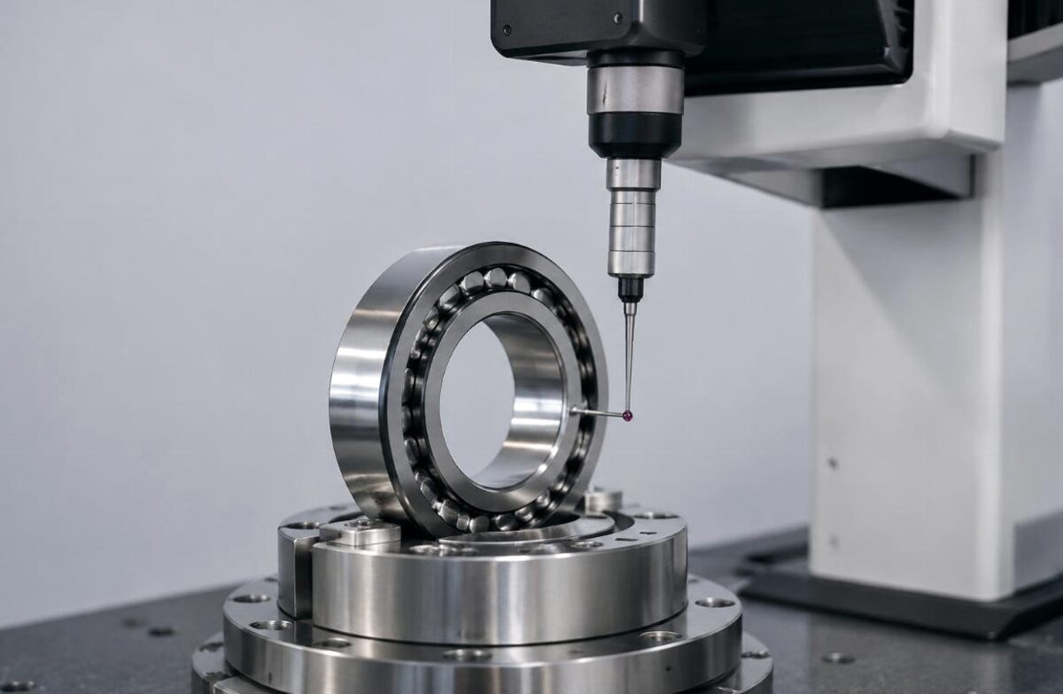 Deep groove ball bearing on a dimensional inspection bench with measuring equipment
